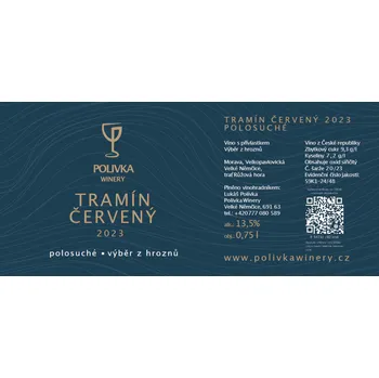 Tramín červený 2023, výběr z hroznů, Polivka Winery, polosuché