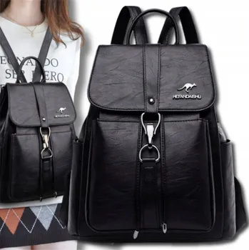 Městský batoh Kožený Dámský Batoh do školy, práce, městský, Černý, voděodolný, Prostorný