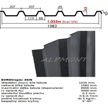 Střecha Trapézový plech 35/N lakovaný pozink 0.5mm RAL 7016 antracit dl.8mb