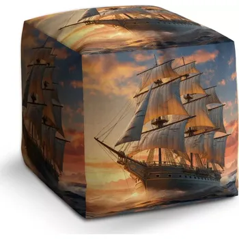 Taburet Sablio Taburet Cube Plachetnice ve vlnách při východu slunce: 40x40x40 cm