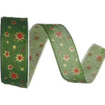 Stuha Stuha vánoční TWINKLE COTTON STARS GREEN zelená 25mm x 3m (9,-Kč/m) (Vánoční stuha bavlněná, zelená, jednostranný potisk, jemný glitrový efekt, s drátkem v lemu)