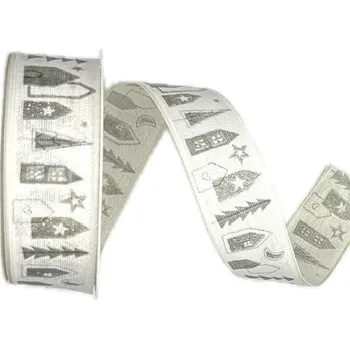 Stuha Stuha vánoční WINTER VILLAGE WHITE bílá 25mm x 2m (13,-Kč/m) (Vánoční stuha bavlněná, bílá, jednostranný potisk, jemný glitrový efekt, s drátkem v lemu)