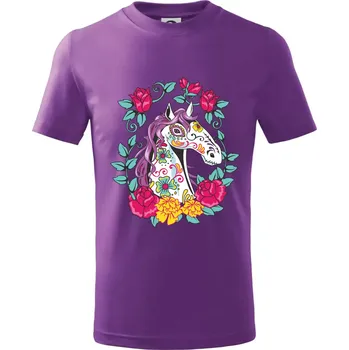 Kůň barevný s květinami - Tričko dětské bavlněné - 146 cm/10 let ( Fialová )
