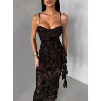 Dámské šaty Hnědé vzorované dlouhé korzetové šaty SOLVIENE s ramínky Velikost: M/L