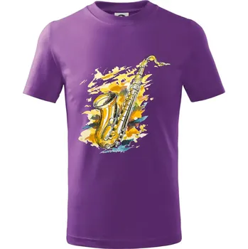 Saxofon malovaný - Tričko dětské bavlněné - 104-110cm / 3-4 roky ( Fialová )