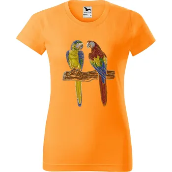 Dámské tričko levne-damske-bavlnene-tricko-potisk-laska-papousci Velikost dámská trička Basic: S šířka 44, délka 60, Odstín dámské tričko Basic: Oranžové