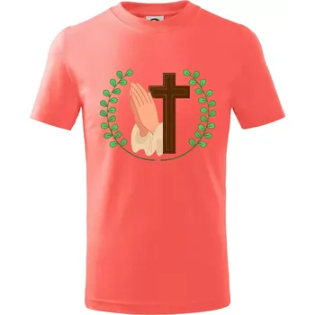 Věnec - kříž a modlení - Tričko dětské bavlněné - 98 cm / 2 roky ( Korálová )