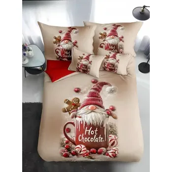 Povlečení Novinka 2025 ! Sada vánočního Bavlněného povlečení na Francouzskou přikrývku 200x220/70x90 cm – s 3D efektem , MERRY CHRISTMAS VÁNOČNÍ - Skřítek s Čokoládou + prostěradlo ZDARMA!