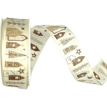 Stuha Stuha vánoční WINTER VILLAGE NATURAL béžová 25mm x 2m (13,-Kč/m) (Vánoční stuha bavlněná, béžová, jednostranný potisk, jemný glitrový efekt, s drátkem v lemu)