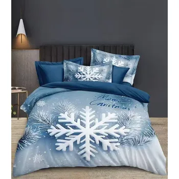 Povlečení Novinka 2025 ! Sada vánočního Bavlněného povlečení na Francouzskou přikrývku 200x220/70x90 cm – s 3D efektem , MERRY CHRISTMAS VÁNOČNÍ - Sněhová Vločka + prostěradlo ZDARMA!