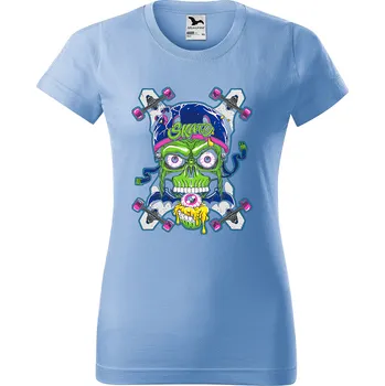 Dámské tričko levne-damske-bavlnene-tricko-potisk-Skull-Skate Velikost dámská trička Basic: XXL šířka 59, délka 69, Odstín dámské tričko Basic: Nebesky modré