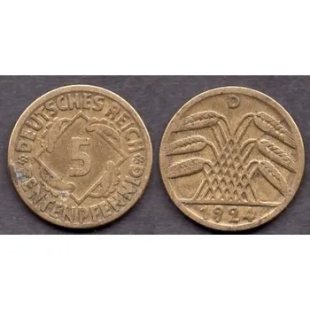 NĚMECKO. 5 Rentenpfennig 1924/D. Prasklé razidlo.