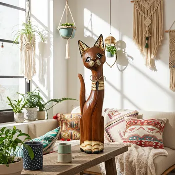 Kočka 2 dřevěná Socha / 40 cm