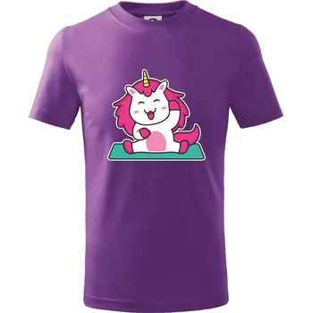 Yoga veselý jednorožec - Tričko dětské bavlněné - 104-110cm / 3-4 roky ( Fialová )