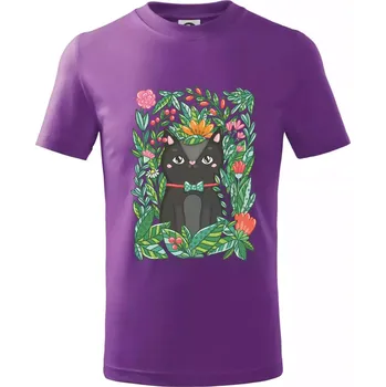 Kočka s květy malovaná - Tričko dětské bavlněné - 104-110cm / 3-4 roky ( Fialová )