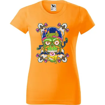 Dámské tričko levne-damske-bavlnene-tricko-potisk-Skull-Skate Velikost dámská trička Basic: XXL šířka 59, délka 69, Odstín dámské tričko Basic: Oranžové