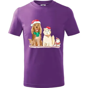 Veselé vánoce - pes, křeček a kočka - Tričko dětské bavlněné - 158 cm/12 let ( Fialová )