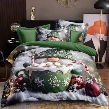 Povlečení Novinka 2025 ! Sada vánočního Bavlněného povlečení na Francouzskou přikrývku 200x220/70x90 cm – s 3D efektem , MERRY CHRISTMAS VÁNOČNÍ - Skřítek s Hrníčkem + prostěradlo ZDARMA!