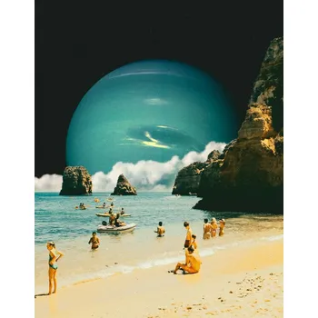 Plakát Plakát, Obraz - Space Beach - Retro-Futuristic Collage Beach Art Design