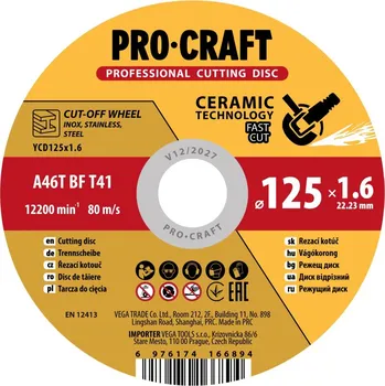 Řezný kotouč PROCRAFT keramický řezný kotouč na kov 125 × 1,6 mm