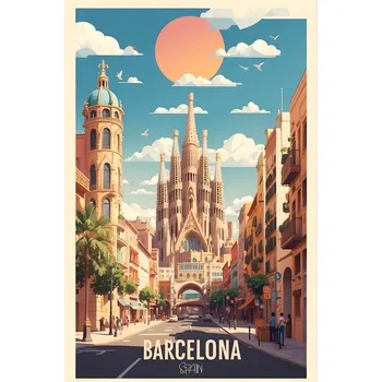 Plakát Plakát, Obraz - Vintage Barcelona Travel Poster: Explore Spanish Beauty Post