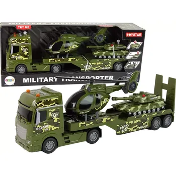 autíčko Vojenská sada – nákladní vůz s přívěsem, vrtulník a tank s setrvačníkem