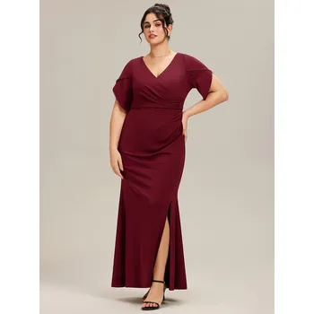 Dámské šaty Večerní šaty s krátkým rukávem, rybím ocasem a výstřihem do V Barva: Bordová, Velikost: 8XL