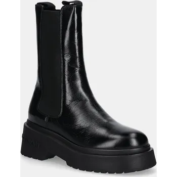 Dámská zimní obuv Kožené kotníkové boty Tommy Jeans CHUNKY SHINY LEATHER CHELSEA dámské, černá barva, na plochém podpatku, EN0EN02888 99X, EUR 37