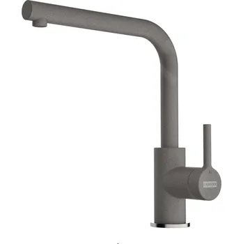 Nerezový dřez Stylová kuchyňská baterie s L-výtokem v granitovém provedení Grey Stone. Ruční boční páka, otočná o 360°, vysokotlaký systém (9,8 l/min) a bez výsuvného postřikovače.
