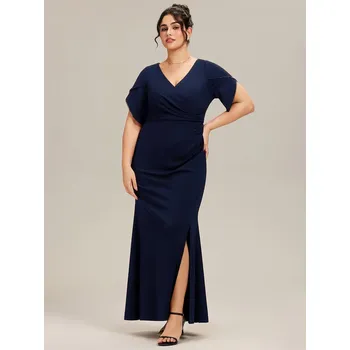 Dámské šaty Večerní šaty s krátkým rukávem, rybím ocasem a výstřihem do V Barva: Tmavě Modrá, Velikost: 9XL