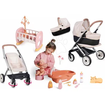 Kočárek pro panenku Set kočárek trojkombinace s postýlkou Puschair Sandy Maxi Cosi&Quinny Smoby a vanička s nočníkem a láhví