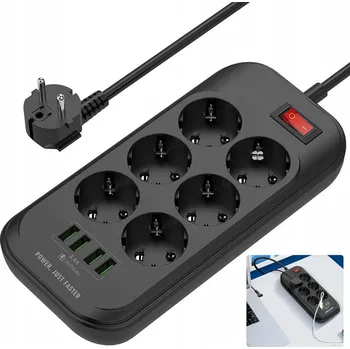 Napájecí kabel PRODLUŽOVACÍ PŘÍVODNÍ KABEL S OCHRANOU PROTI PŘEPĚTÍ, VYPÍNAČEM, 6 ZÁSUVKAMI A 4 USB PORTY, 2M