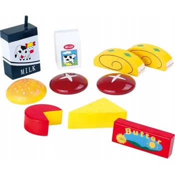 Dřevěná hračka SADA DŘEVĚNÝCH SVAČINEK 10 KS SÝR MLÉKO