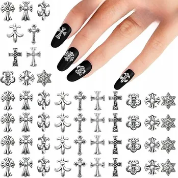 Šperk 60 SZTUK CHARMS DO PAZNOKCI 3D – KOVOVÉ KŘÍŽE, HVĚZDY, SRDCE – STŘÍBRNÉ