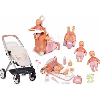 Kočárek Set kočárek s dvojčaty panenkami na procházce Twin Pushchair Sandy Maxi Cosi&Quinny Smoby a kufřík s klokankou a taškou