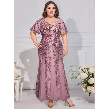 Dámské šaty Společenské šaty s krátkým rukávem, volánky, flitry a výstřihem Barva: Purpurová, Velikost: 4XL