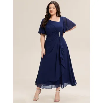 Dámské šaty Večerní šaty s krátkým rukávem, volánky, asymetrické Barva: Tmavě Modrá, Velikost: 8XL