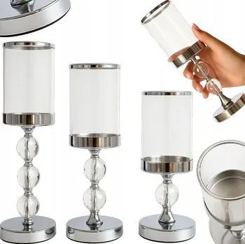 Svícen 3x SVÍCEN SADA KOVOVÝ SKLENĚNÝ LANTERNA STŘÍBRNÁ DEKORACE GLAMOUR