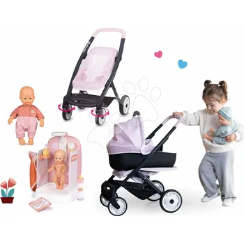 Kočárek pro panenku Set kočárek trojkombinace s panenkou ve funkční sprše Puschair Pink Maxi Cosi&Quinny Smoby a láhev na krmení