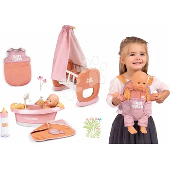 Set panenka v dupačkách ve wellnesu s jacuzzi koupelí Doll Baby Nurse Smoby s funkční sprchou a kolébka s klokankou a spací pytel s lahví