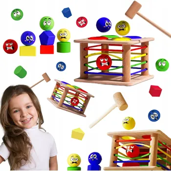 Dřevěná hračka Dřevěná Vkládačka Zatloukačka Vzdělávací Tvary Kuličky Smajlíci
