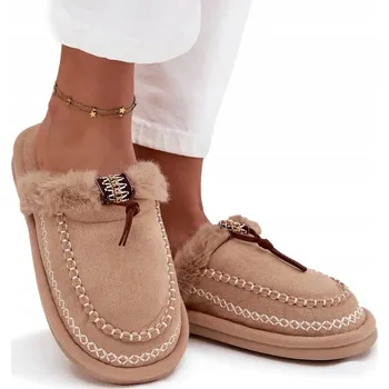 Dámské pantofle PANTOFLE DÁMSKÉ EKO SEMIŠOVÉ S KOŽÍŠKEM A VÝŠIVKOU BÉŽOVÉ 39