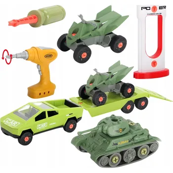 autíčko SADA AUTÍČKO K SESTAVENÍ S PŘÍVĚSEM, ČTYŘKOLKA, TANK, VRTÁK A ŠROUBOVÁK