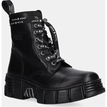 Dámské kozačky Kožené workery New Rock CRUST NEGRO + TOWER CASCO dámské, černá barva, na plochém podpatku, M-WALL084NP-C8 M.WALL084NP.C8 99X, EUR 38