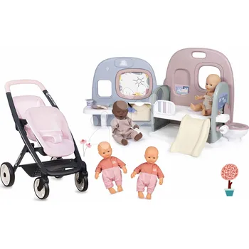 Kočárek pro panenku Set kočárek pro dvojčata panenky ve školce Twin Pushchair Pink Maxi Cosi&Quinny Smoby a domeček s 5 herními zónami