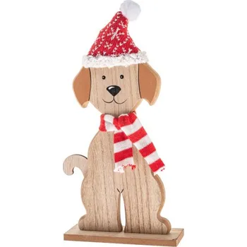 Casa de Engel Dřevěný pes s pletenou šálou a čepicí 32 cm