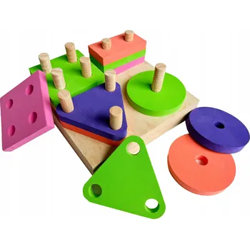 Dřevěná hračka STAVEBNICE SKLÁDAČKA PRO DĚTI BAREVNÁ S DŘEVĚNÝM PODSTAVCEM