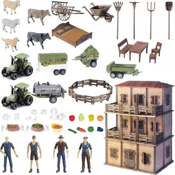 Figurka VELKÁ SADA FARMA DVA TRAKTORY FARMÁŘI HOSPODYŇKA ZVÍŘATA DOMEK FARMÁŘE