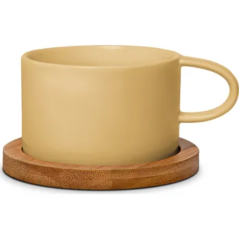 E-cut.cz Hrnek Makronka žlutá s bambusovým podtáckem (vlastní text), 330 ml