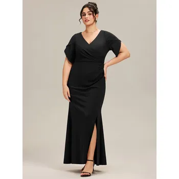 Dámské šaty Večerní šaty s krátkým rukávem, rybím ocasem a výstřihem do V Barva: Černá, Velikost: 9XL